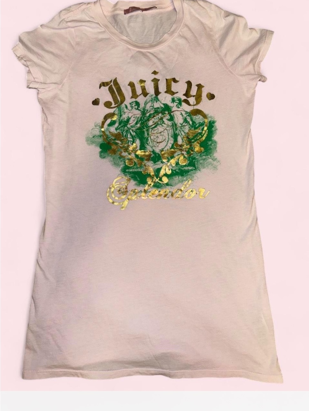 Y2K Juicy Couture Light Pink Tee with Green Graphic and Gold Foil Logo